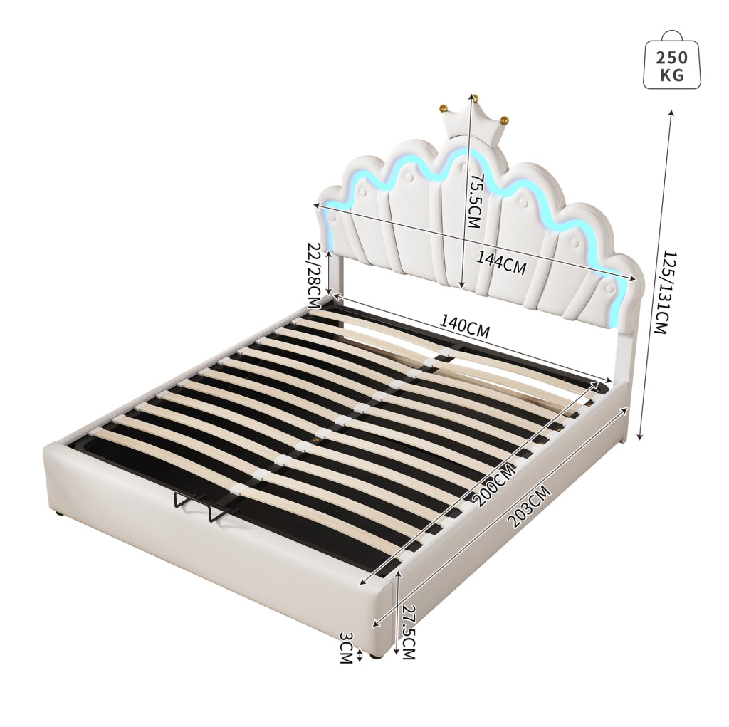 Letto imbottito 140x200 cm con contenitore e LED, testiera a nuvola con corona, PU bianco
