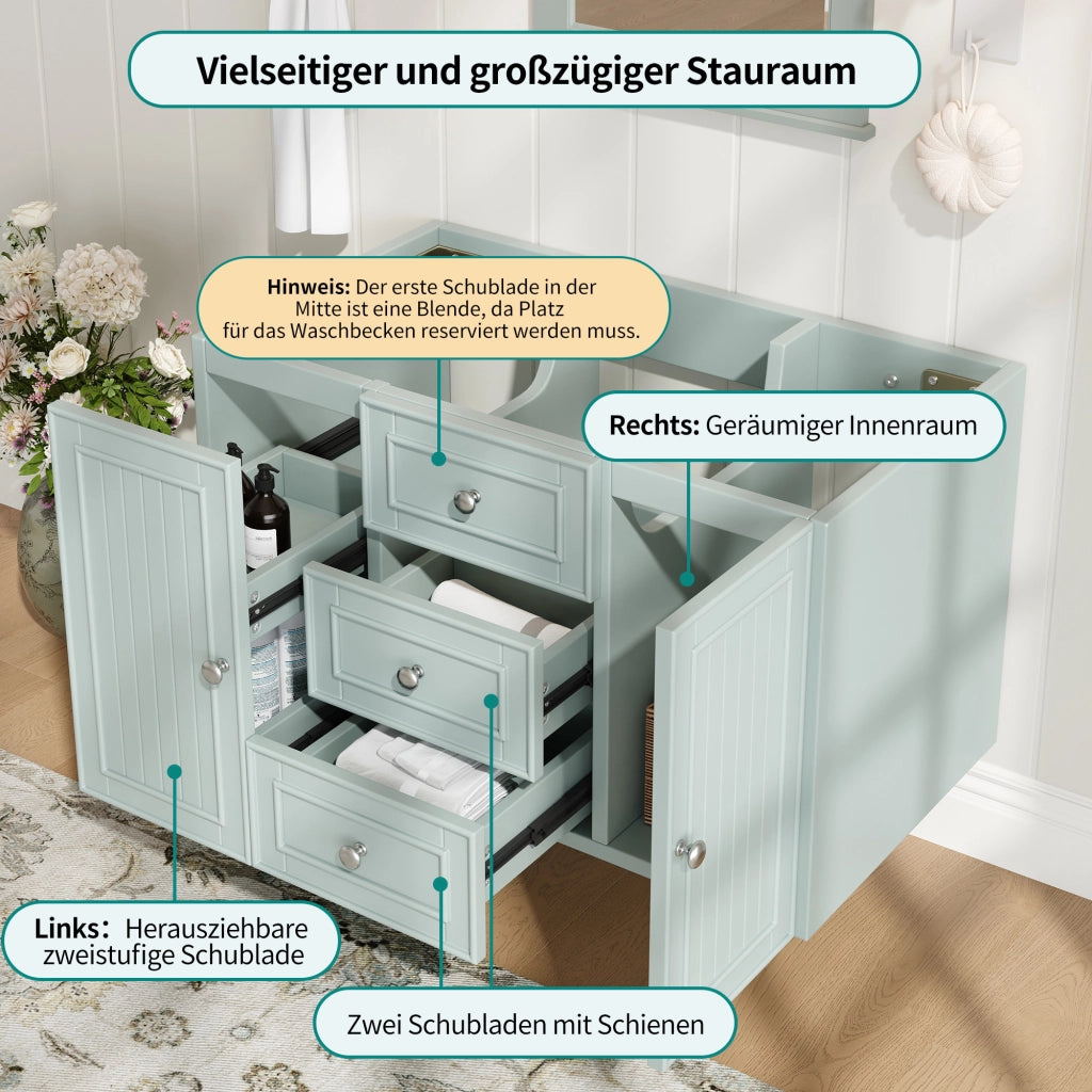 Mobile per lavabo singolo sospeso con cassetti; vano laterale e maniglie in metallo in MDF verde 78.5 × 46 × 46.8 cm