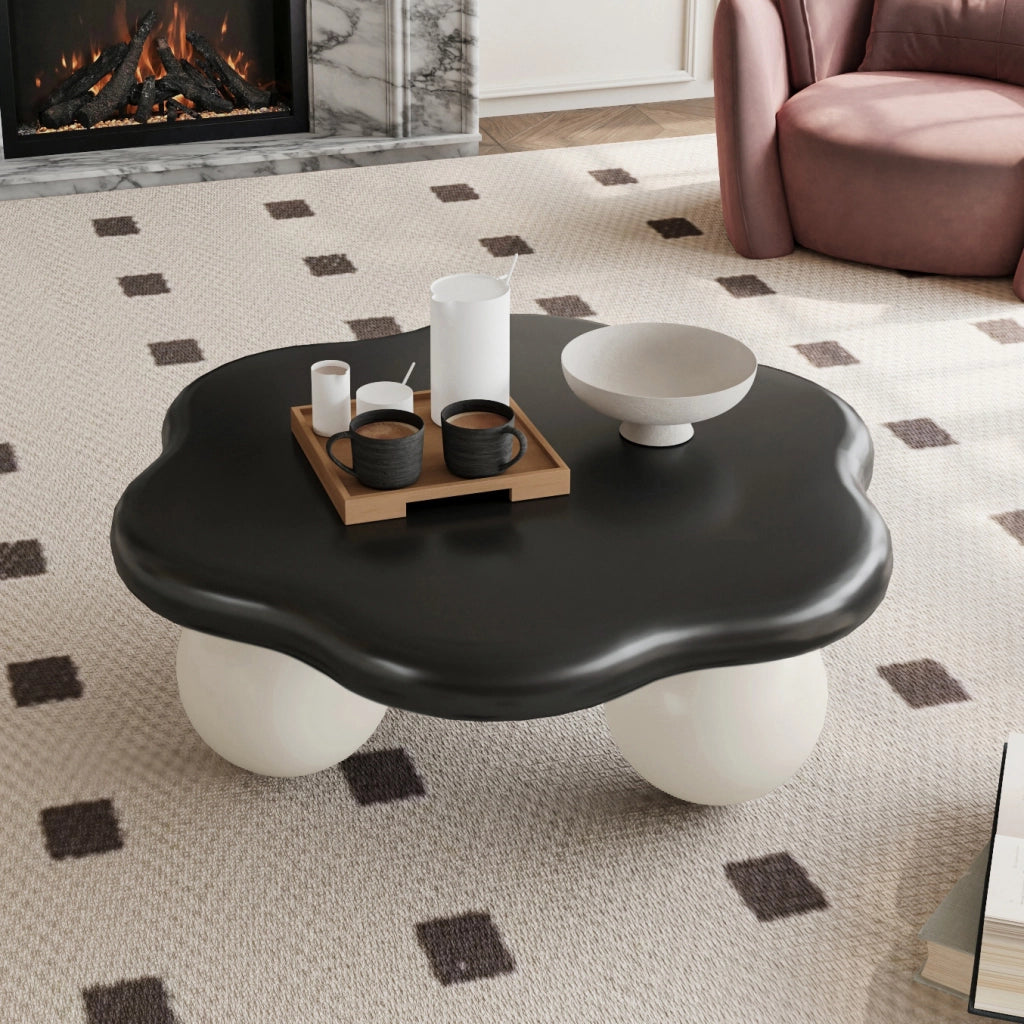 Tavolino basso fisso a nuvola in MDF nero e bianco con gambe sferiche arrotondate diametro 80 × altezza 35 cm