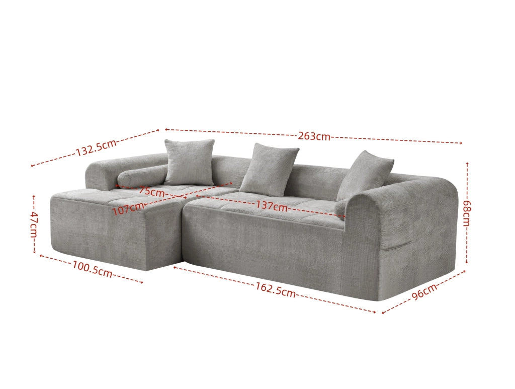 Divano angolare in tessuto chenille grigio chiaro 263 cm con schienale ergonomico e tasca laterale porta riviste