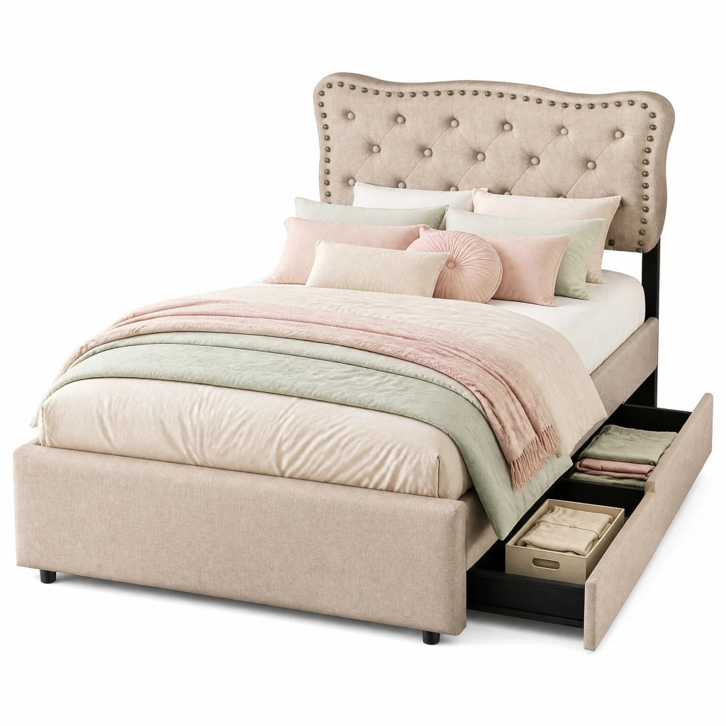 Letto con cassetti 90 × 200 cm imbottito con testiera regolabile e borchie decorative in lino e MDF beige scuro