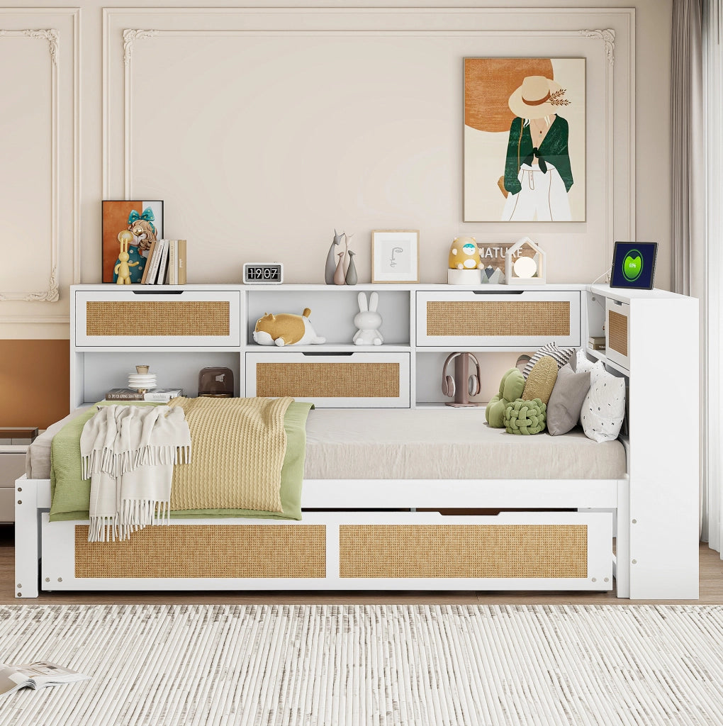 Divano letto singolo in legno bianco 90x200 cm con letto estraibile, ricarica USB e vani