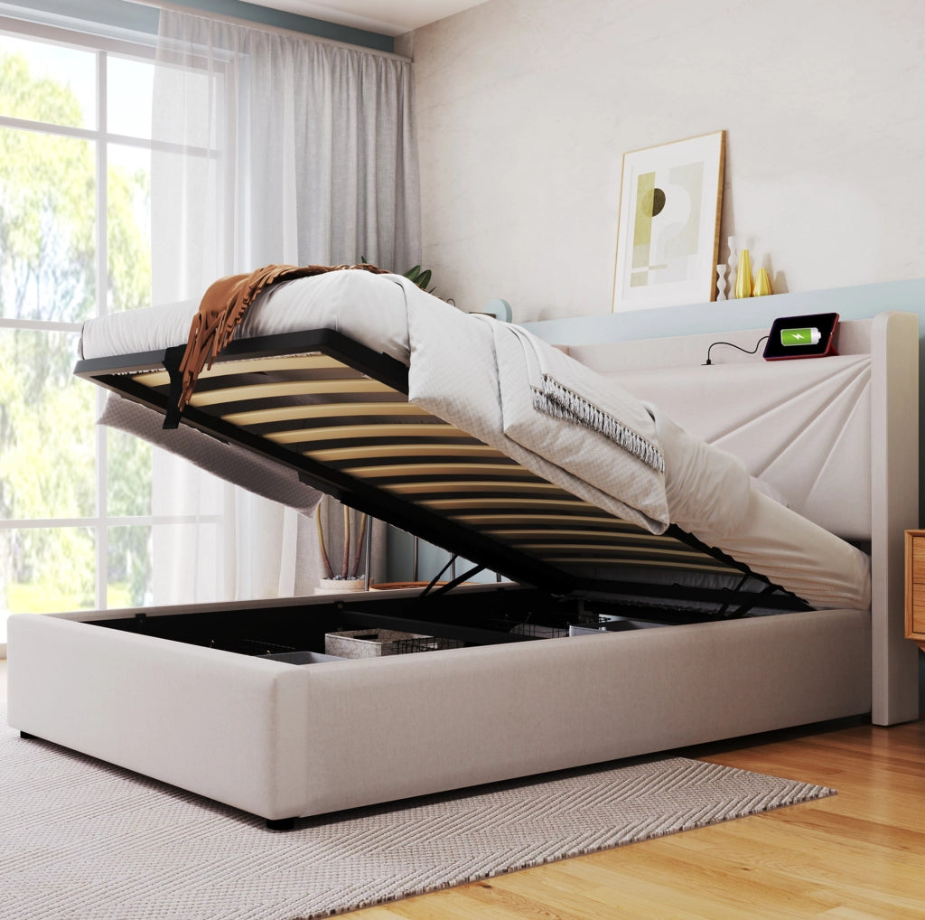 Letto singolo imbottito con contenitore 90x200 cm, struttura in lino con testiera USB Tipo C e rete a doghe