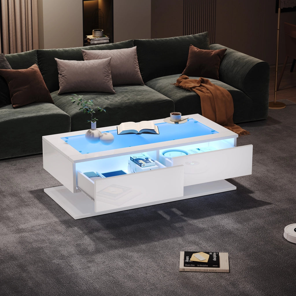 Tavolino da caffè con LED e 2 cassetti 100 x 50 x 35 cm bianco lucido