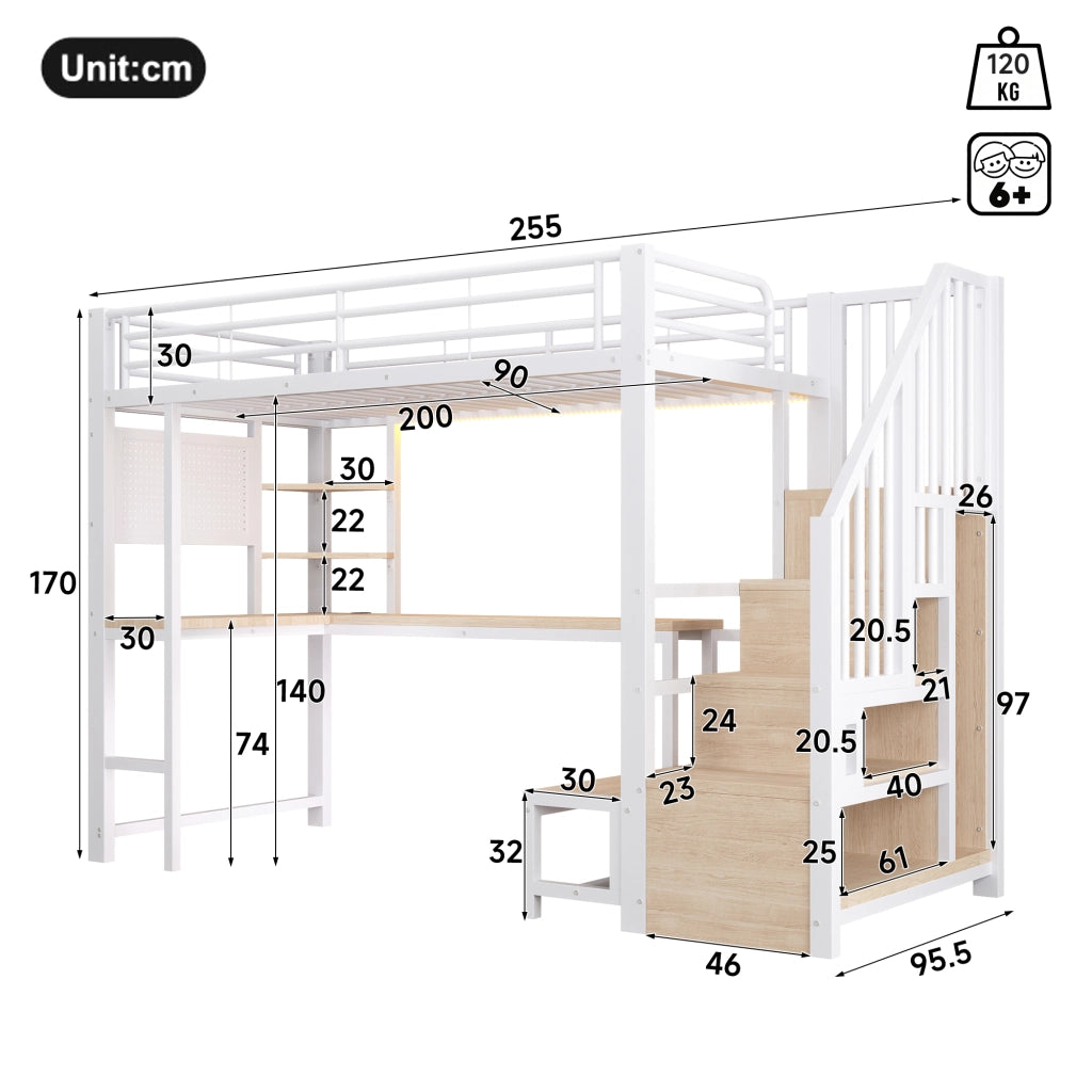 Letto a soppalco 90 × 200 cm con scrivania USB USB-C LED mensole scala contenitore in metallo e MDF bianco