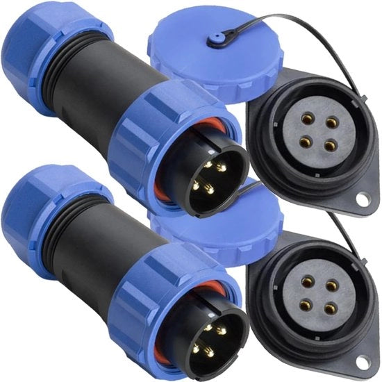 Interfaccia di connessione IP67 impermeabile - 4 poli - Montaggio su pannello 21 mm - Lavorazione in alluminio anodizzato - 2 pezzi - Intervallo di temperatura -40°C a +85°C - Interfaccia di connessione