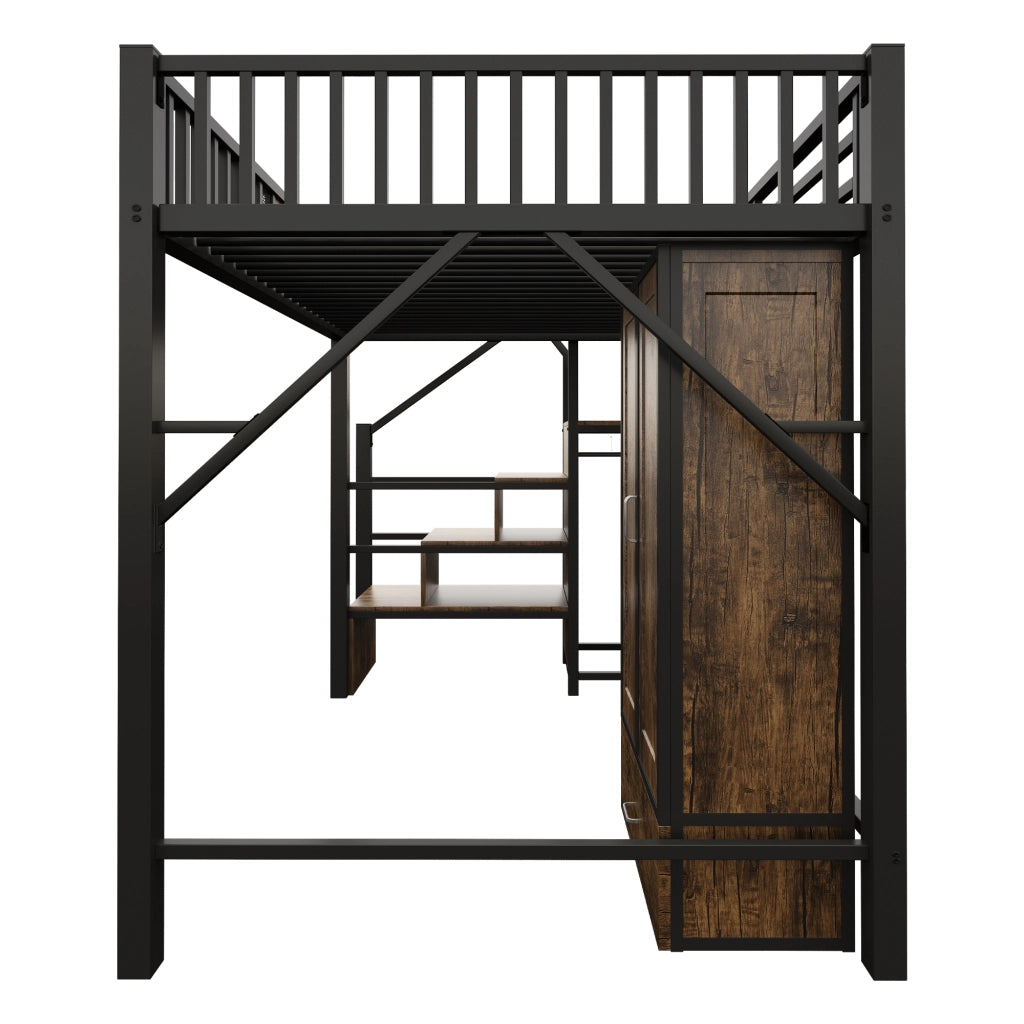 Letto a soppalco per adulti 140x200 cm con armadio; cassetto e scala contenitore; metallo e legno nero