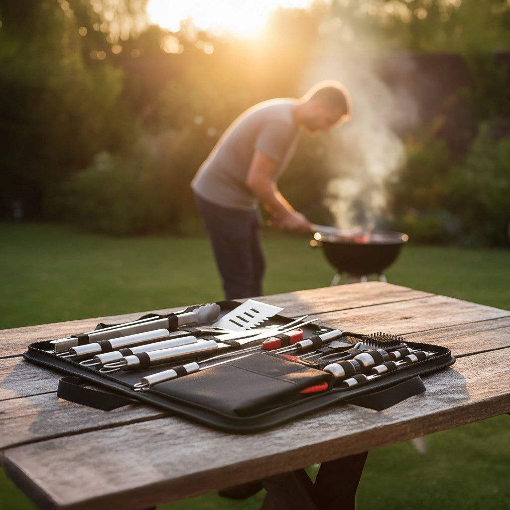 Set BBQ Professionale con Termometro Carne – Accessori Barbecue in Acciaio Inox 430 Alimentare con Pinza, Spatola, Forchettone, Coltello, Grembiule Kit 7 o 17 Pezzi Kit 17 Pezzi