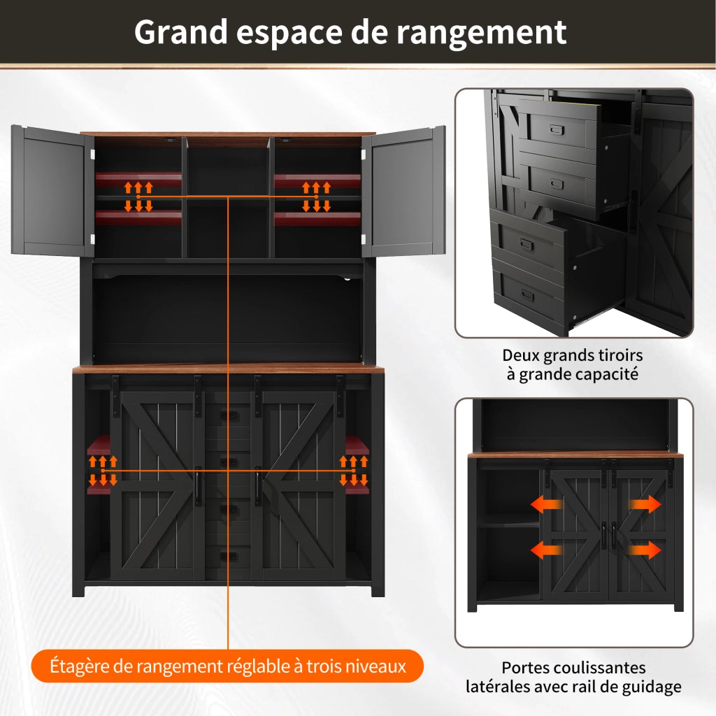 OKWISH Credenza alta da cucina con ante scorrevoli e 2 cassetti, ripiani regolabili e LED, per cucina, 115 × 40 × 174,7 cm