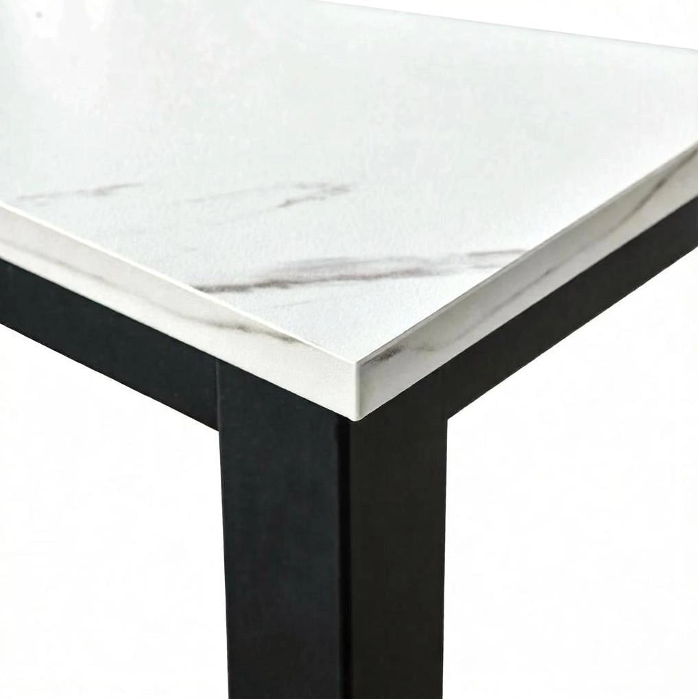 Tavolo Bar Moderno con Struttura in Acciaio Nero e Piano Effetto Marmo Bianco 120x40x100 cm