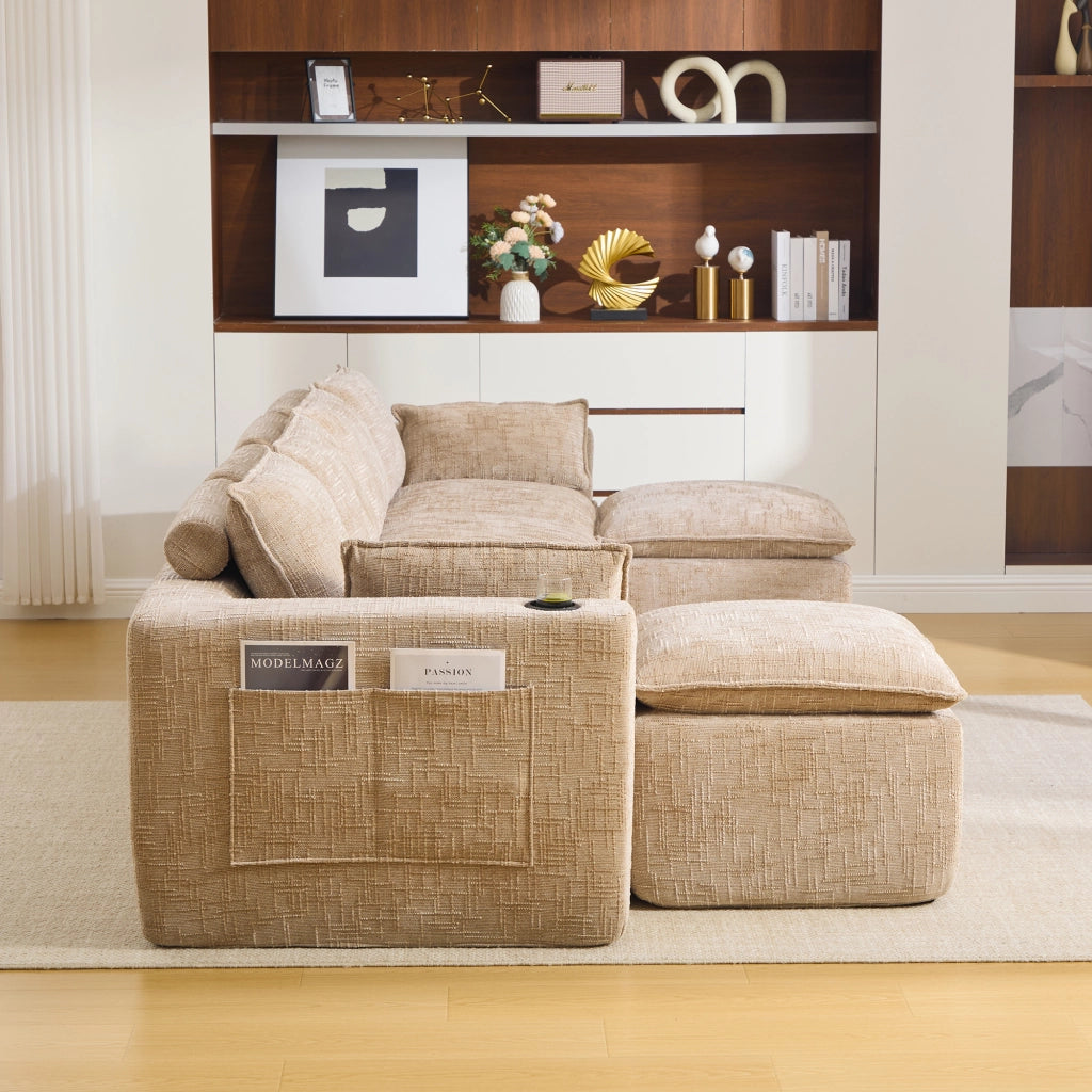 Divano modulare 4 posti - con cuscini e tasche laterali - per interni - in chenille kaki