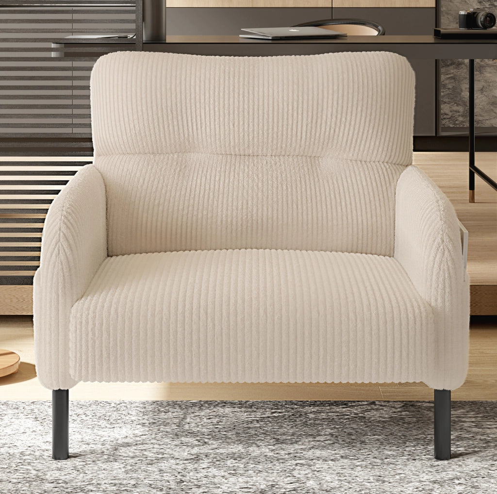 Poltrona singola beige in velluto a coste con tasca laterale