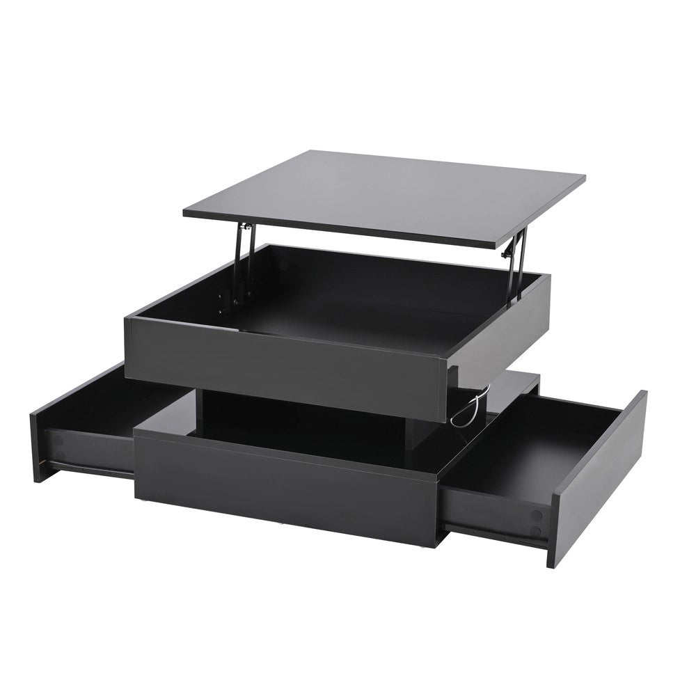 Tavolino da Salotto con LED e 2 Cassetti ¨C MINIMAL ¨C Nero Lucido 65x65x38.5