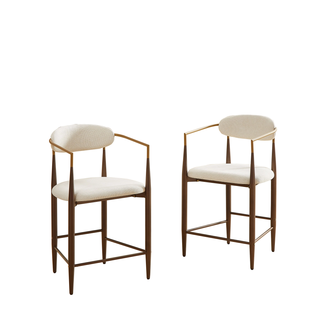 Set di 2 sgabelli da bar con braccioli; seduta in tessuto e struttura in metallo; beige