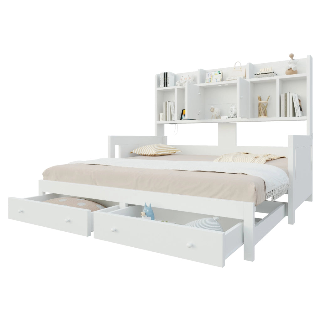 Divano letto 90 × 190 cm estensibile a 180 × 190 cm con cassetti prese integrate LED in legno bianco