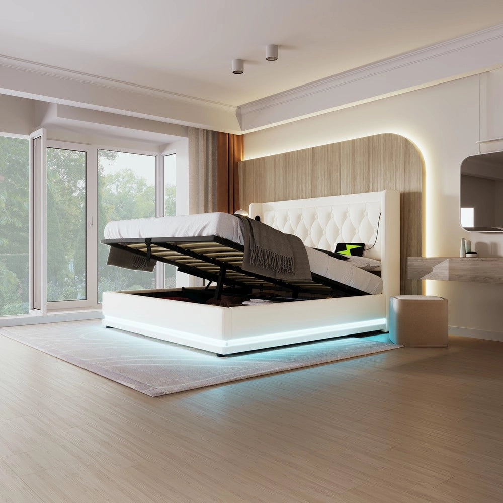 Letto Contenitore Imbottito Matrimoniale LED con USB ¨C MINIMAL ¨C Bianco, 140x200, Idraulico