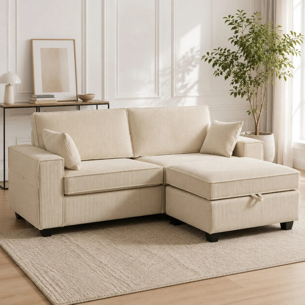 Divano angolare ULEVR 3 posti beige in velluto a coste con pouf contenitore e imbottitura a molle