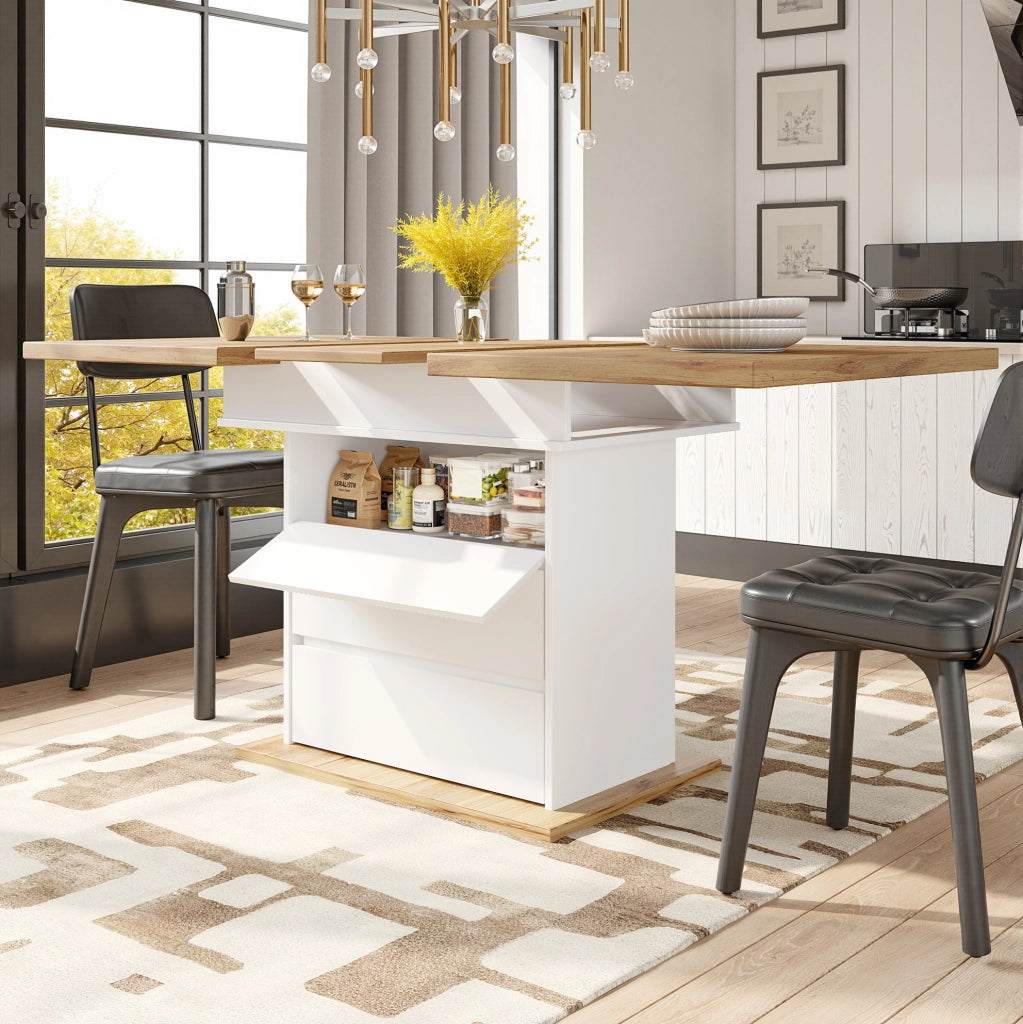 Tavolo da pranzo estensibile 110-140x80 cm in MDF bianco e naturale, 4-6 posti
