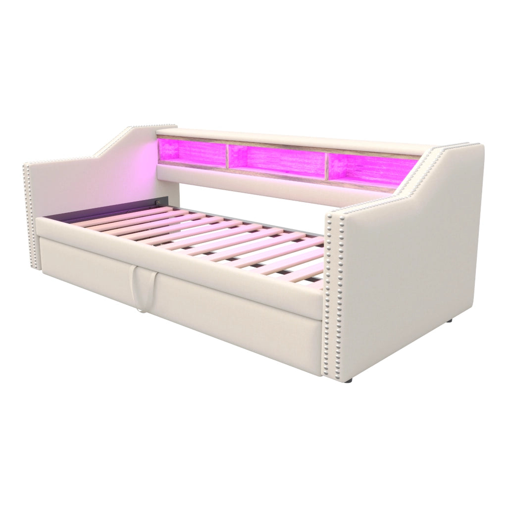Divano letto imbottito estraibile 90/180 x 190 cm con LED; USB e materassi beige