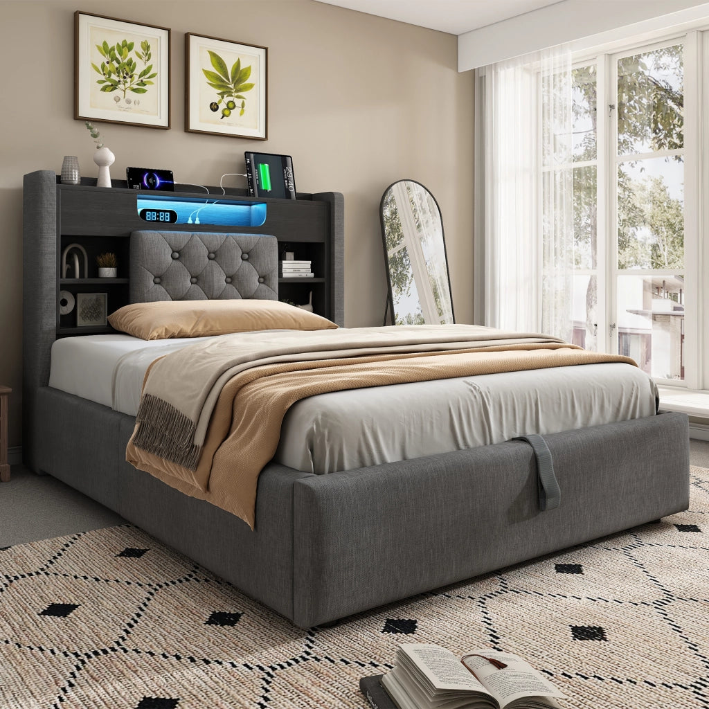 Letto contenitore 90 × 200 cm con LED; porte USB e USB-C; testiera imbottita con ripiani; lino grigio