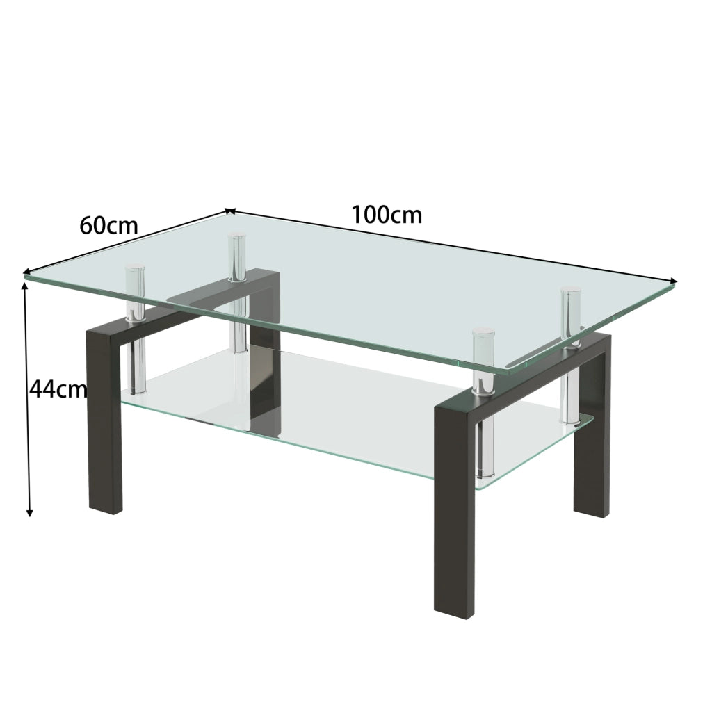 Tavolino 100x60x44 cm in vetro temperato trasparente e metallo, doppio ripiano