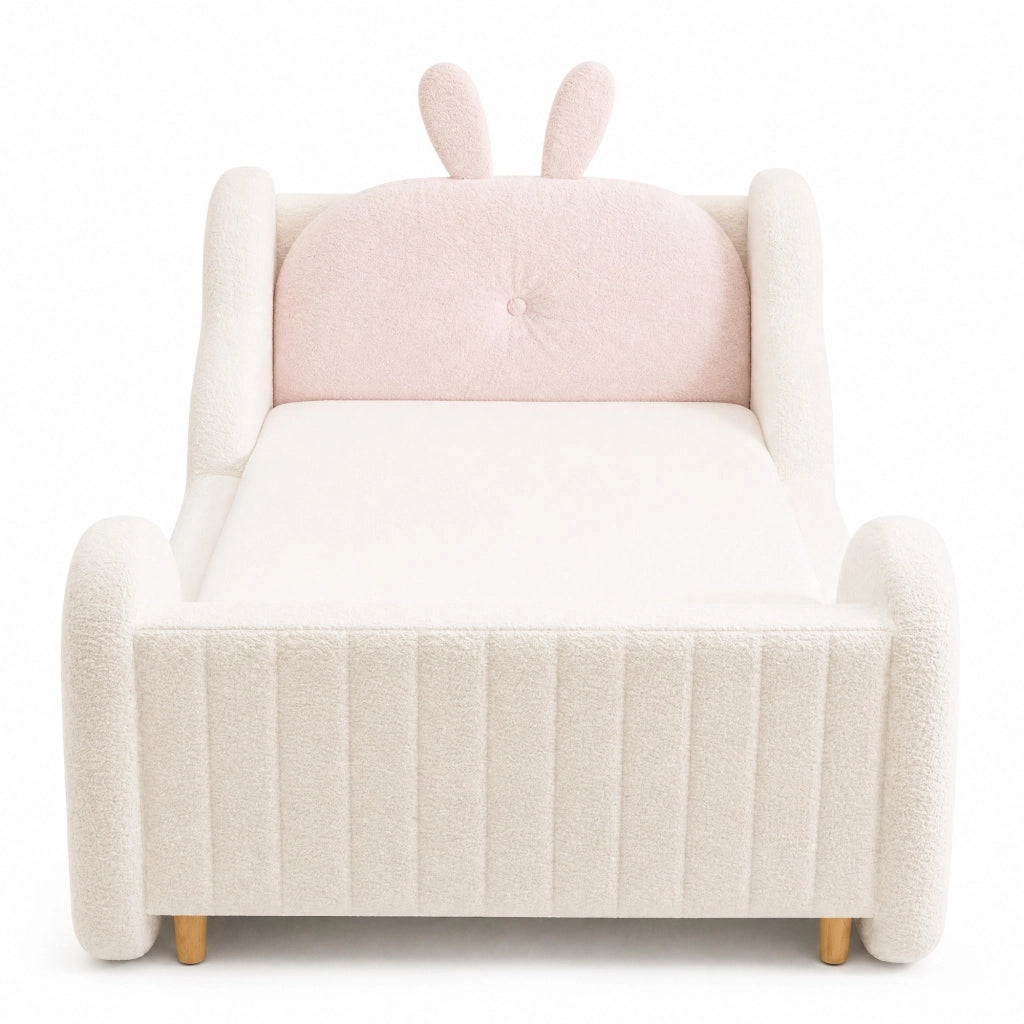 Letto per bambini 90x200 cm con cuscino coniglio in tessuto teddy bianco