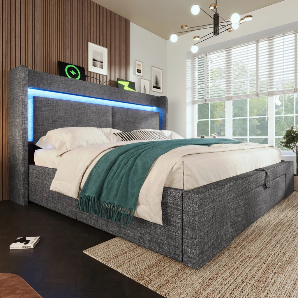 Letto matrimoniale 160x200 cm contenitore con LED; USB e USB-C grigio HOMVRA