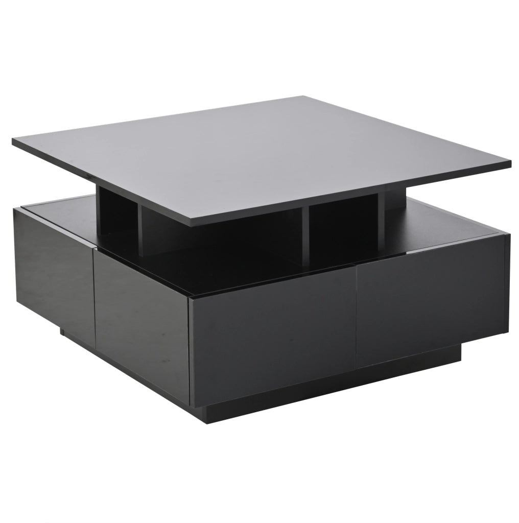 Tavolino da salotto nero lucido 70x70x40 cm con LED e 4 cassetti, design geometrico, capacità di carico 30 kg