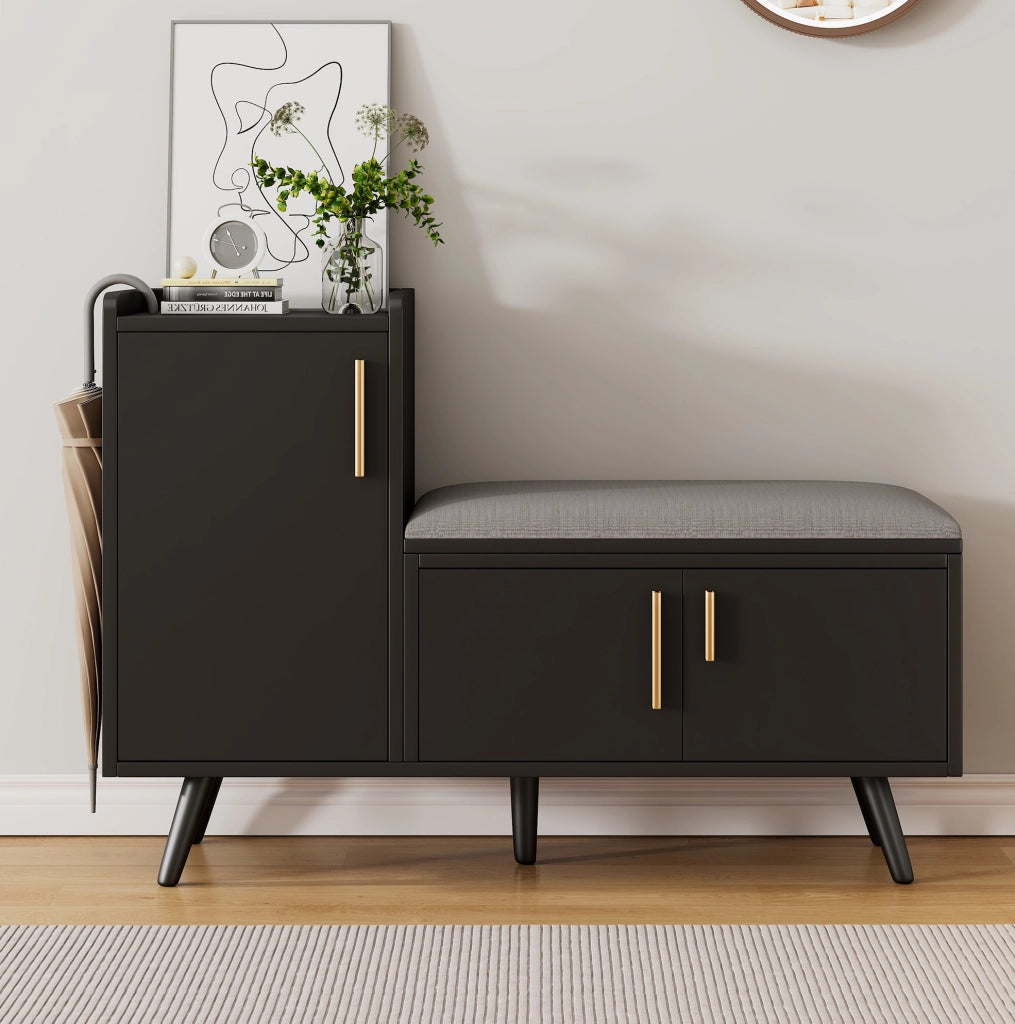 Panca Porta Scarpe Moderna con Tre Ante e Ripiani Regolabili, Struttura in Legno e Metallo Nera, B100xT34xH69 cm