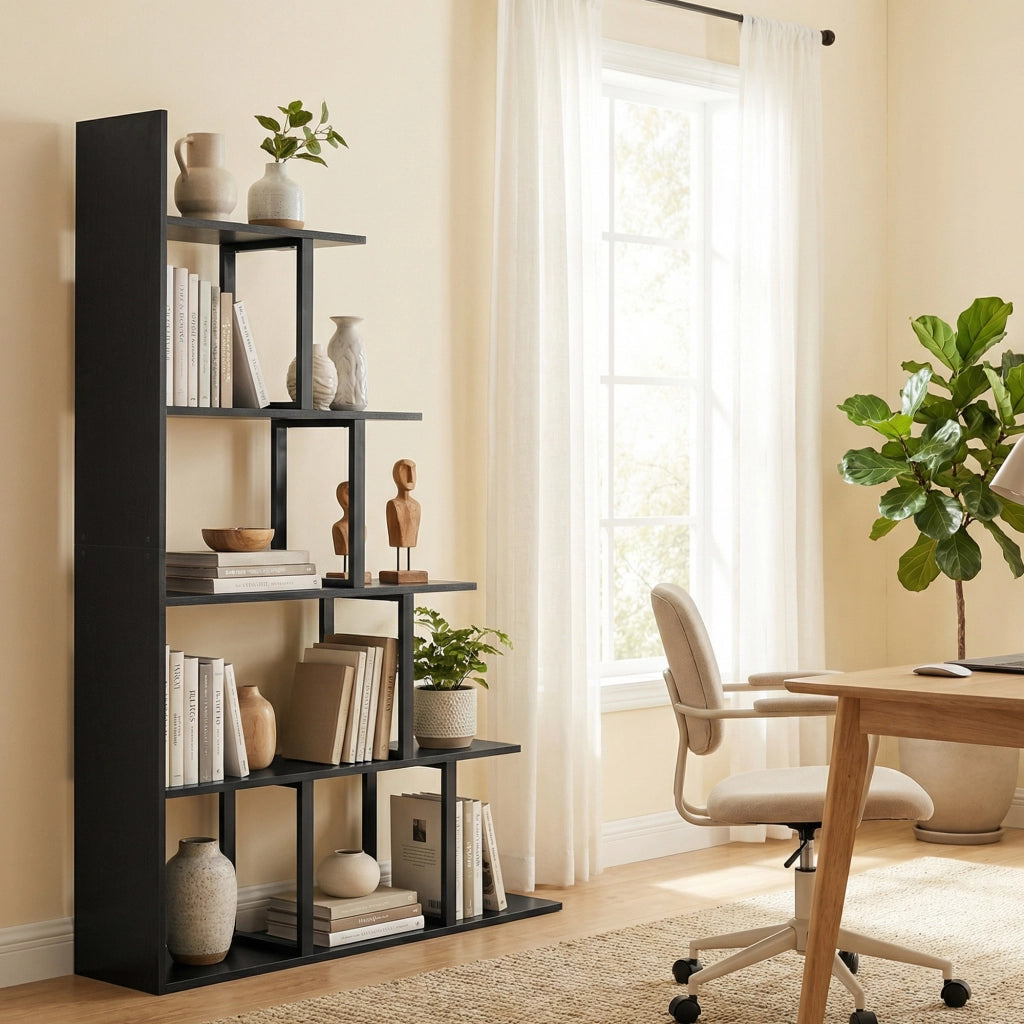 Scaffale libreria a scala 5 ripiani divisorio per ambienti stile industriale robusto e moderno per casa nero 102 x 30 x 160 cm