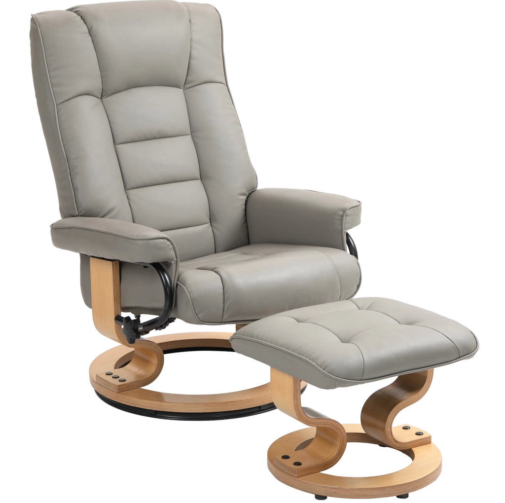 Poltrona Relax DESMIU con Poggiapiedi, Girevole 360°, Schienale Reclinabile 130°, Struttura Legno, Rivestimento in Pelle Sintetica, Grigio, 76x85x104 cm