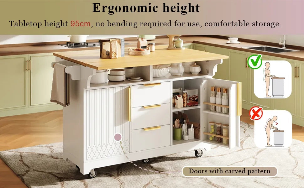 Isola Cucina Multifunzione con Estensione Tavolo, Piani Ribaltabili Bilaterali, Ante a Motivo Verticale, Ampio Spazio con Cassetti, Credenza su Ruote