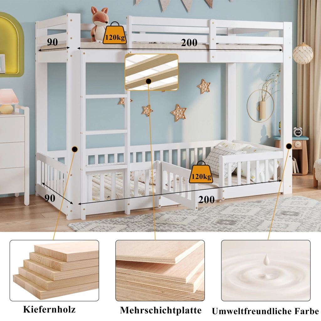 Letto a soppalco 90 × 200 cm con scala ad angolo; barriera e porta in legno bianco spazio libero sottostante