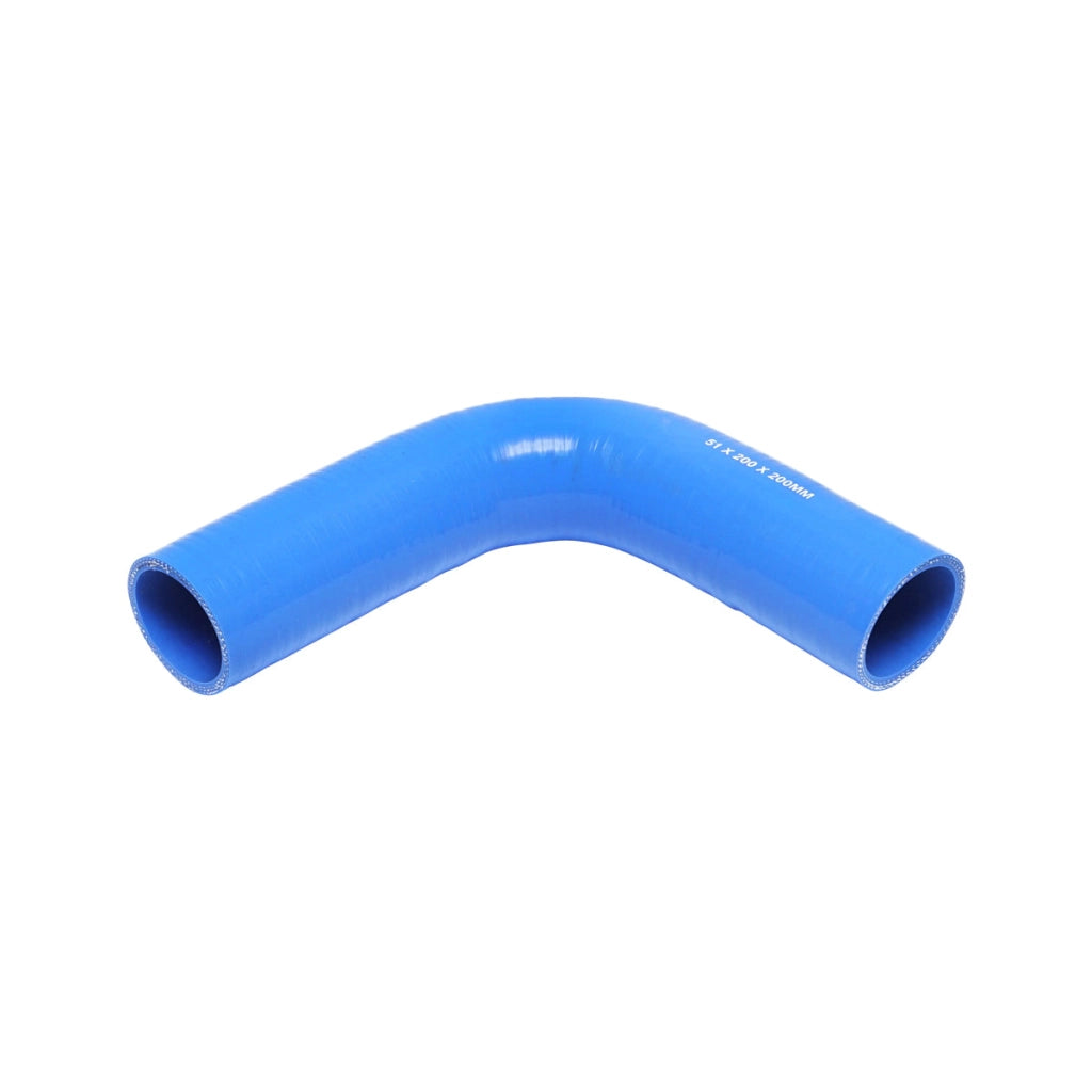Tubo curvato in silicone a 90 gradi con inserto in tessuto, dimensioni 51x200x200 mm.