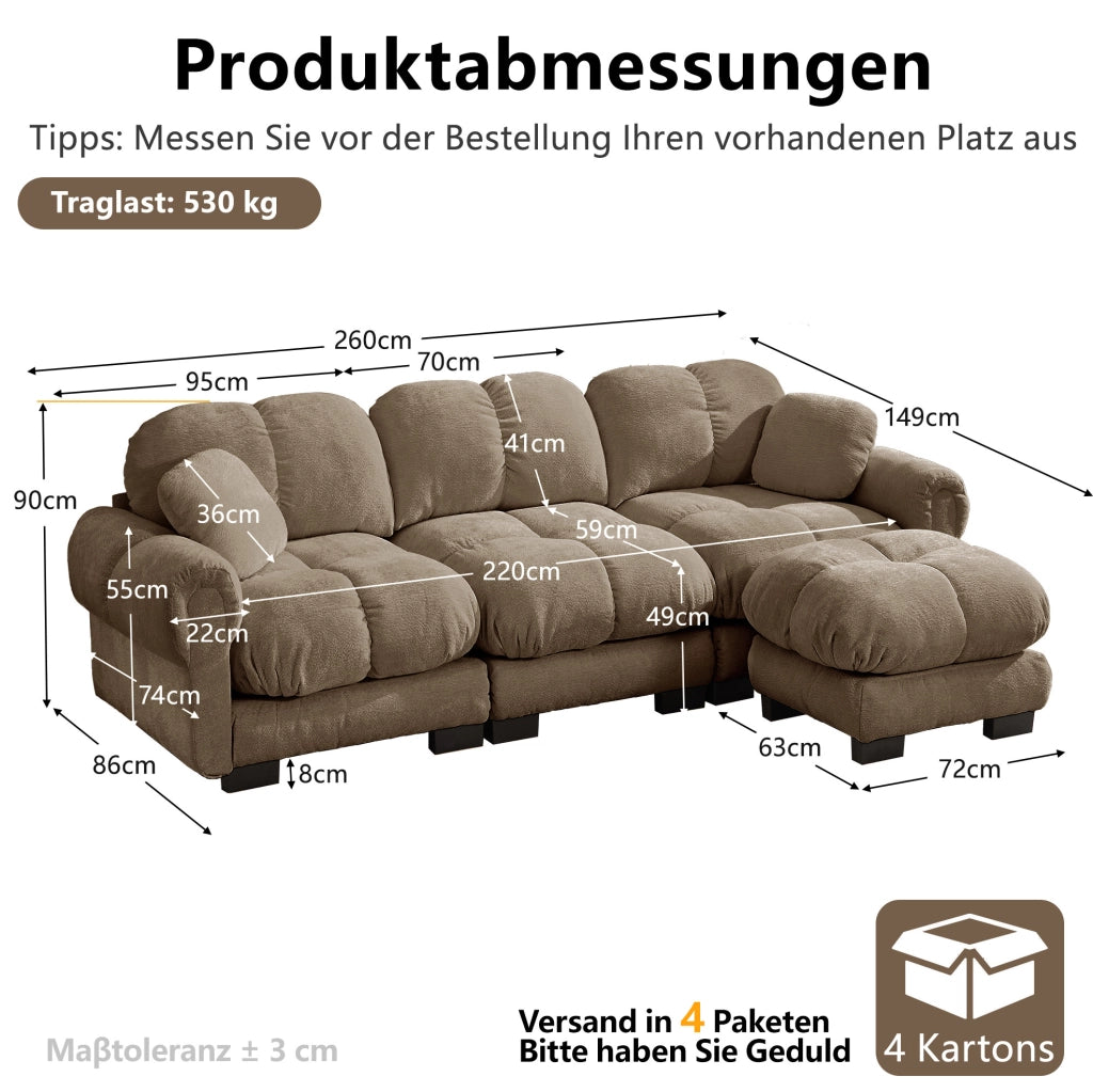 Divano angolare a L 3 posti in chenille marrone con pouf mobile e 2 cuscini decorativi