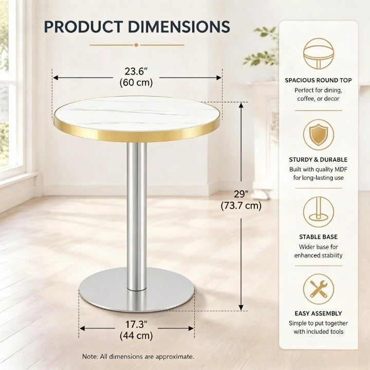 Tavolo da giardino bistrot rotondo con base stabile, effetto marmo e bordo dorato, per balcone, bianco, 60 × 73,7 cm