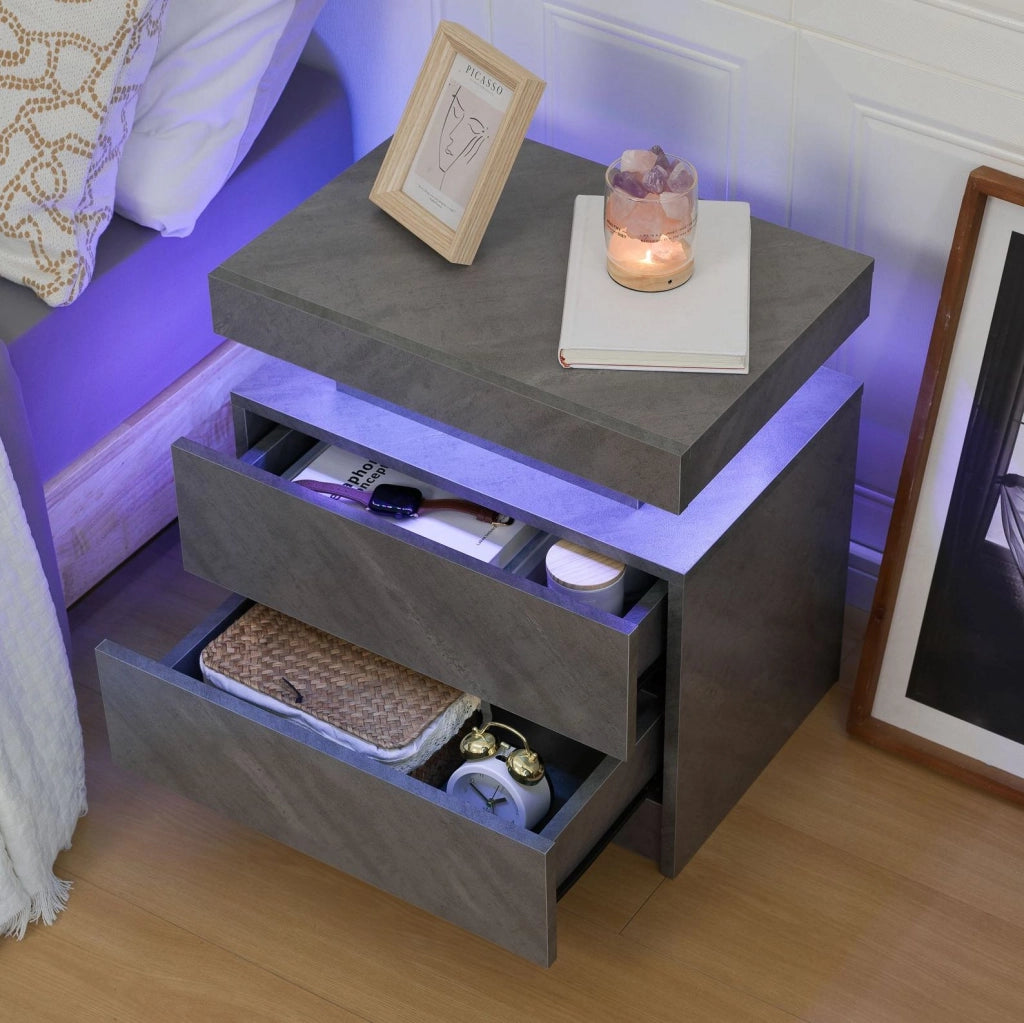 Comodino Moderno con Luci LED Regolabili e 2 Cassetti, Grigio Scuro