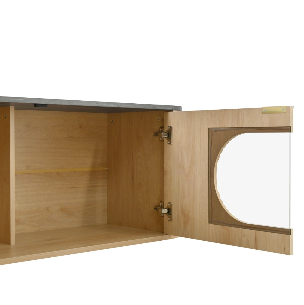 Mobile TV in MDF effetto legno naturale con ante 3D verticali e vetrina ovale in vetro grigio, 172x38x45,5 cm