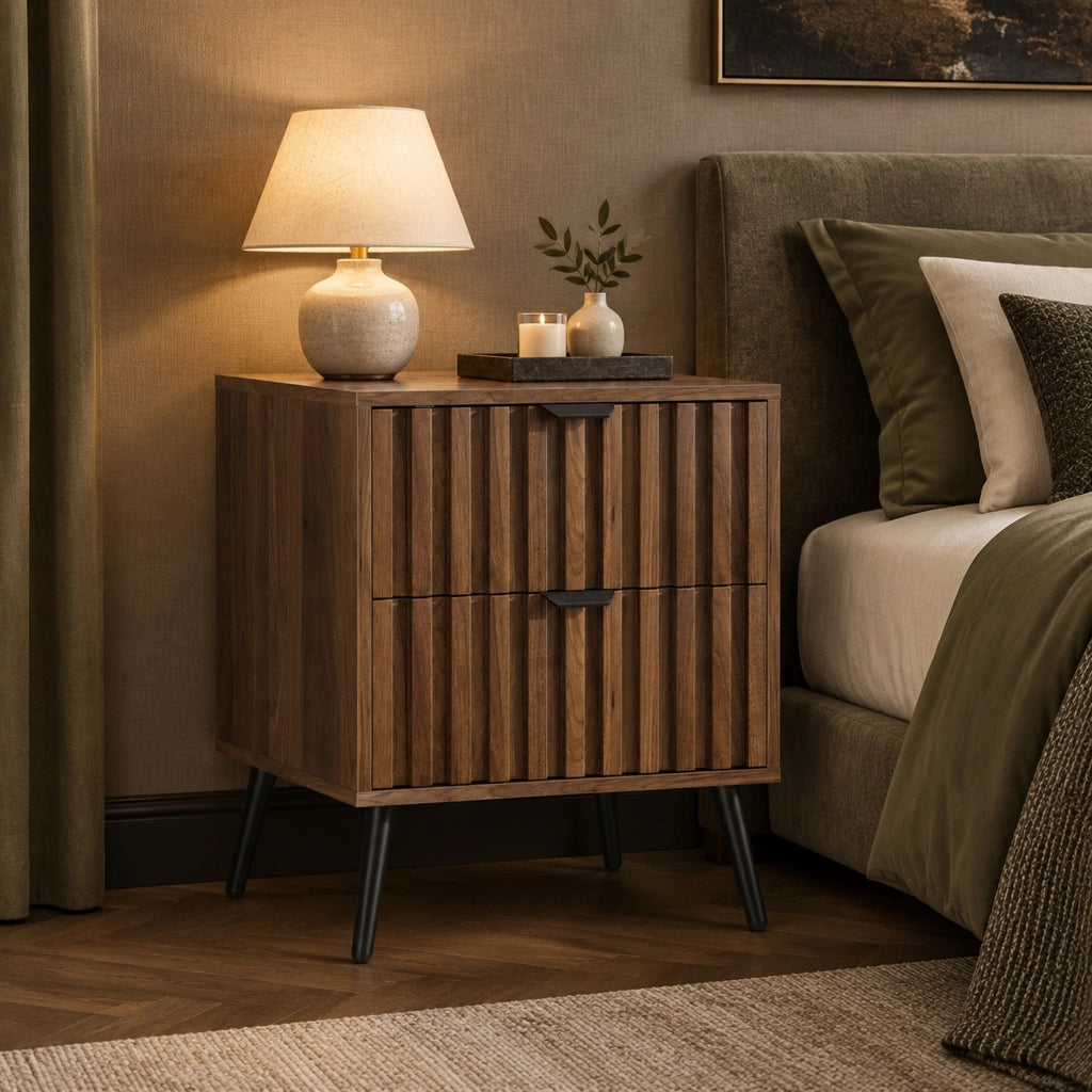 Comodino moderno con 2 cassetti 45x40x53 cm in MDF color noce HAVRYA