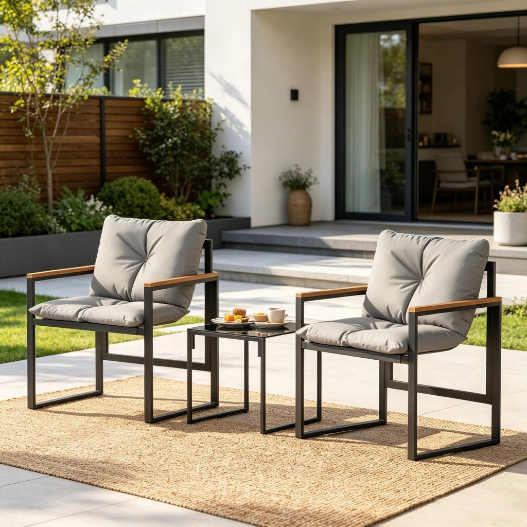 Set da giardino 2 posti con cuscini e tavolino in metallo nero e grigio