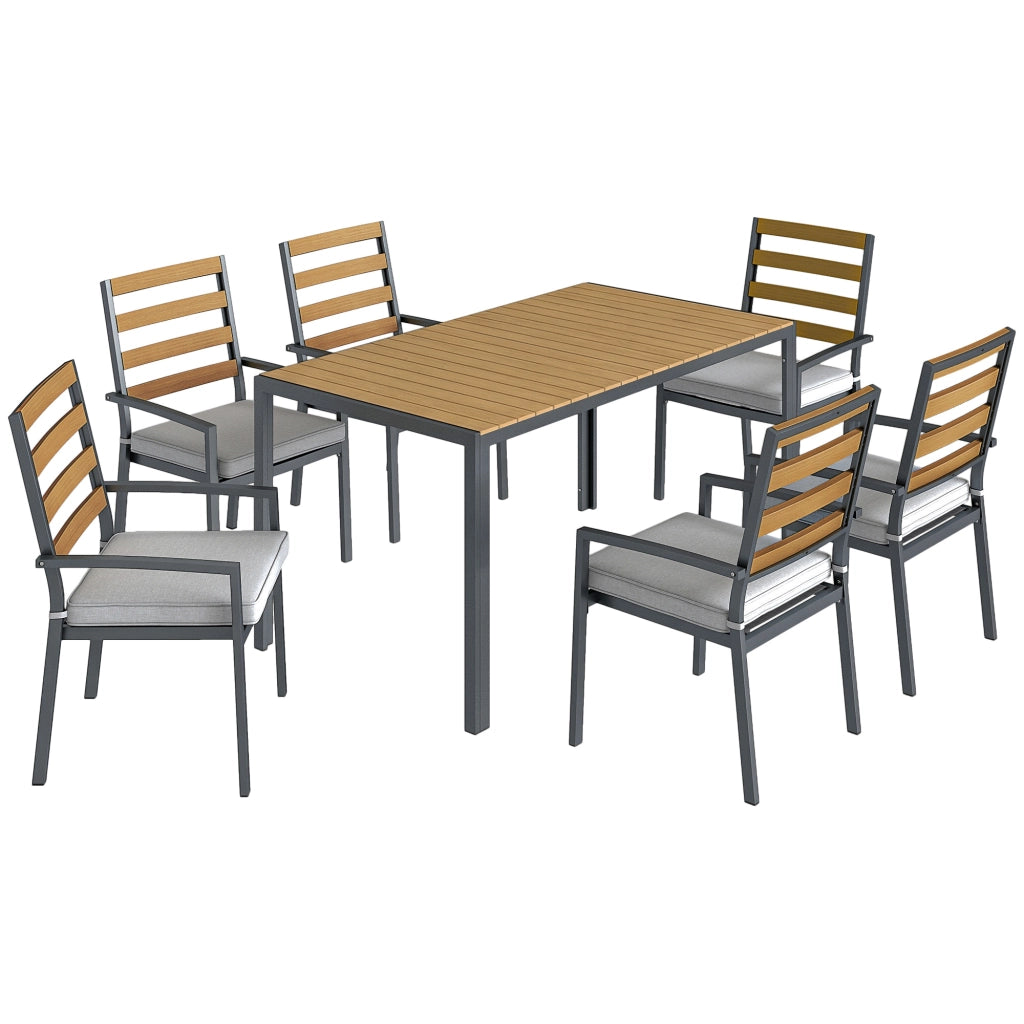 7 pezzi. Set di mobili da giardino; set da giardino con 1 tavolo da pranzo; 6 sedie; cuscini; per terrazza; legno naturale