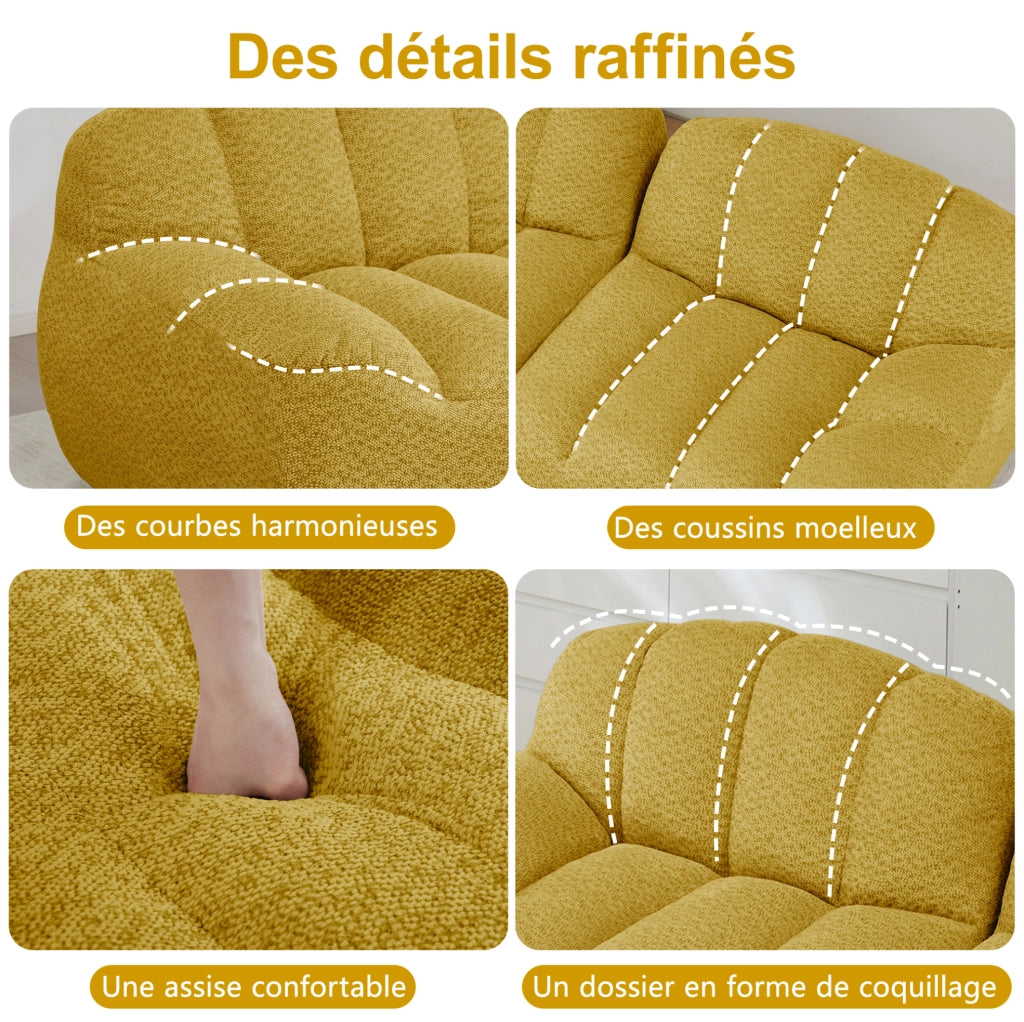 Divano modulare 4 posti con pouf, schiuma ad alta densità 32D, tessuto morbido giallo, design ergonomico per soggiorno