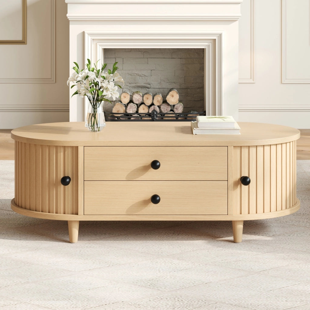 Tavolino da salotto 100x50 cm con 2 cassetti e ante avvolgibili; MDF effetto legno naturale HOMVRA