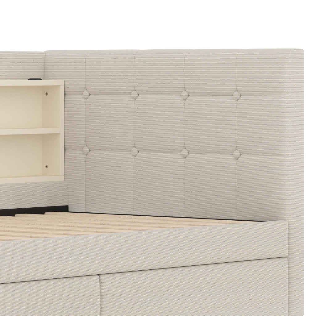 Letto da giorno 90x200 cm con 2 cassetti, USB e USB-C in lino e MDF beige