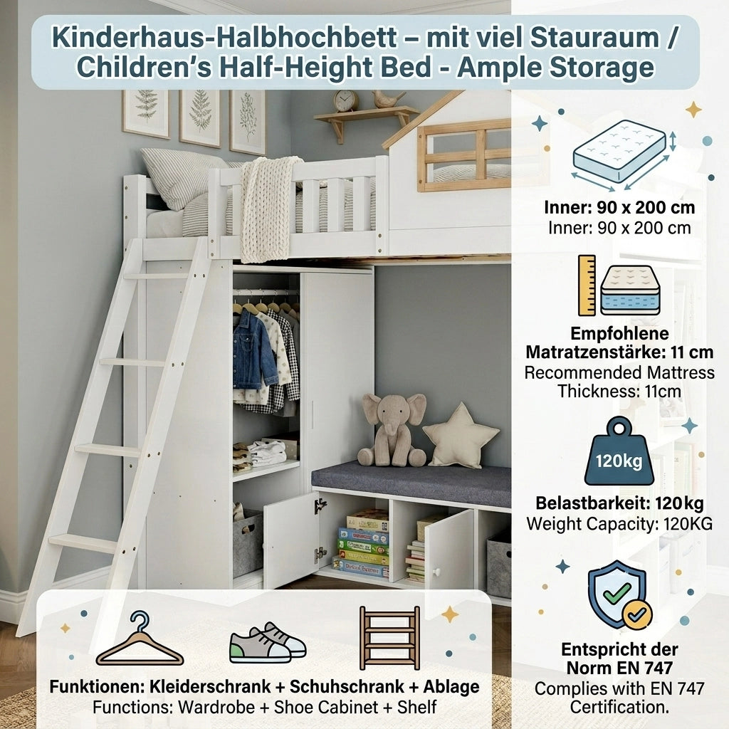 Letto a soppalco per bambini 90 × 200 cm con armadio scaffali panca contenitore in legno bianco e naturale