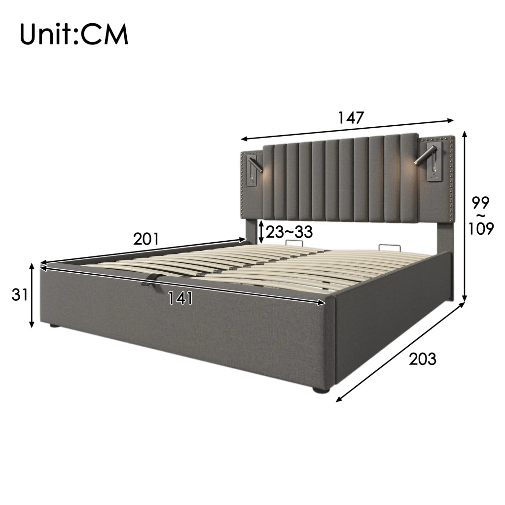 LETTO Contenitore 140x200 cm Grigio con testiera regolabile, luci lettura e USB