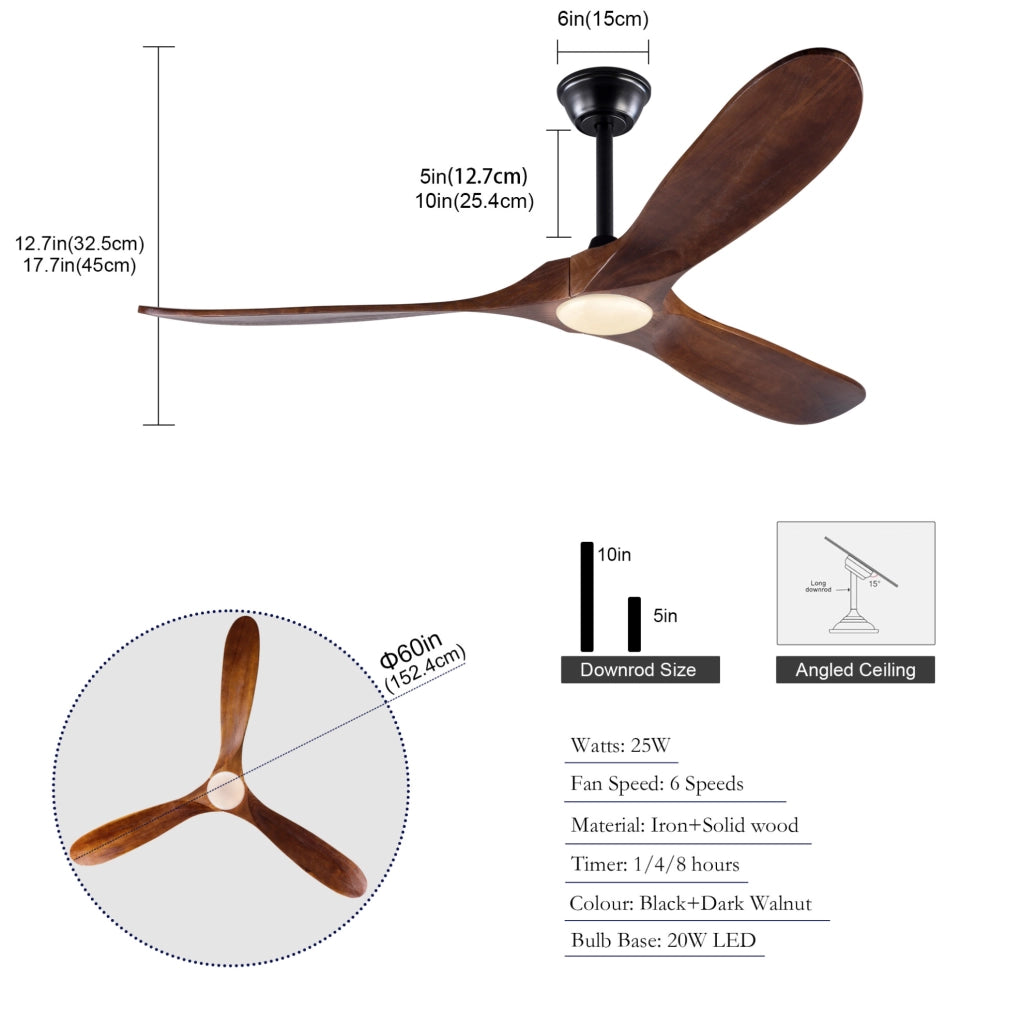 Ventilatore da 60 pollici con illuminazione LED regolabile, 3 pale in legno massello di noce, controllo remoto, 6 velocità e funzionalità reversibile