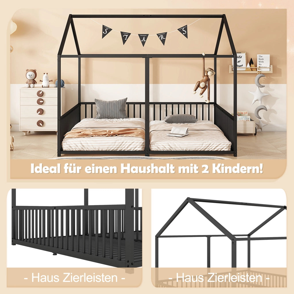 Letto gemellare a casetta in metallo 90x200 cm nero con sponde e scala per due bambini, senza materasso