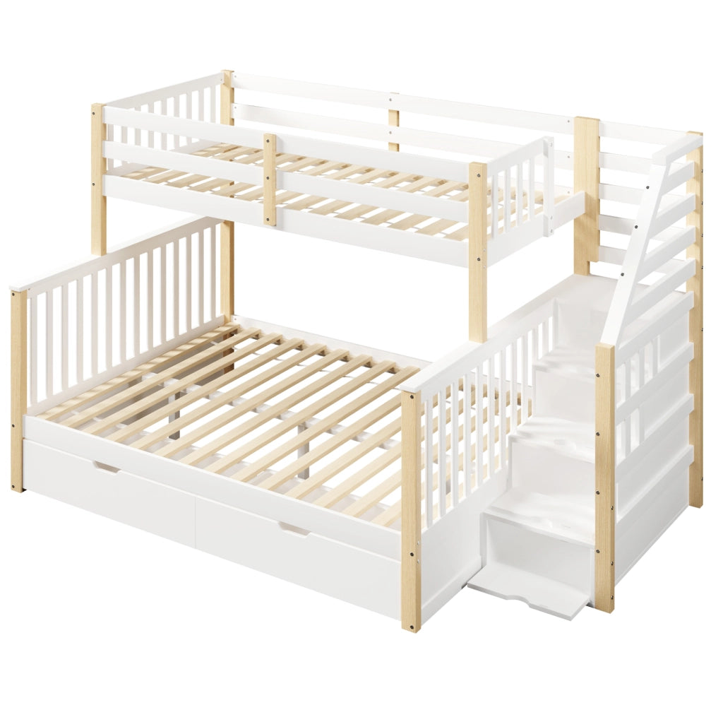 Letto a castello in pino massello 90x200/140x200 con cassetti e spazio salvaspazio, bianco e naturale, senza materasso