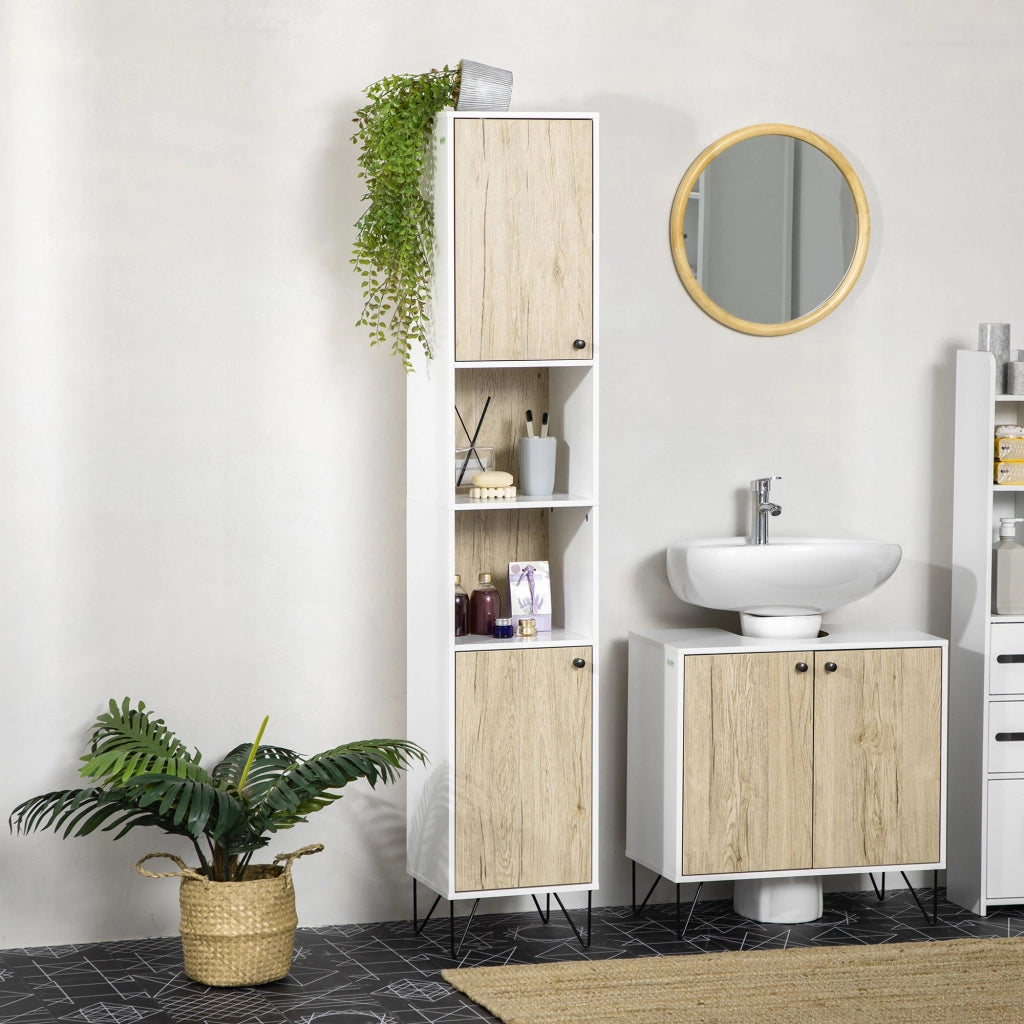 Colonna Bagno 2 Ripiani 2 Ante 30x31,5x169 cm in Truciolato Bianco e color Legno